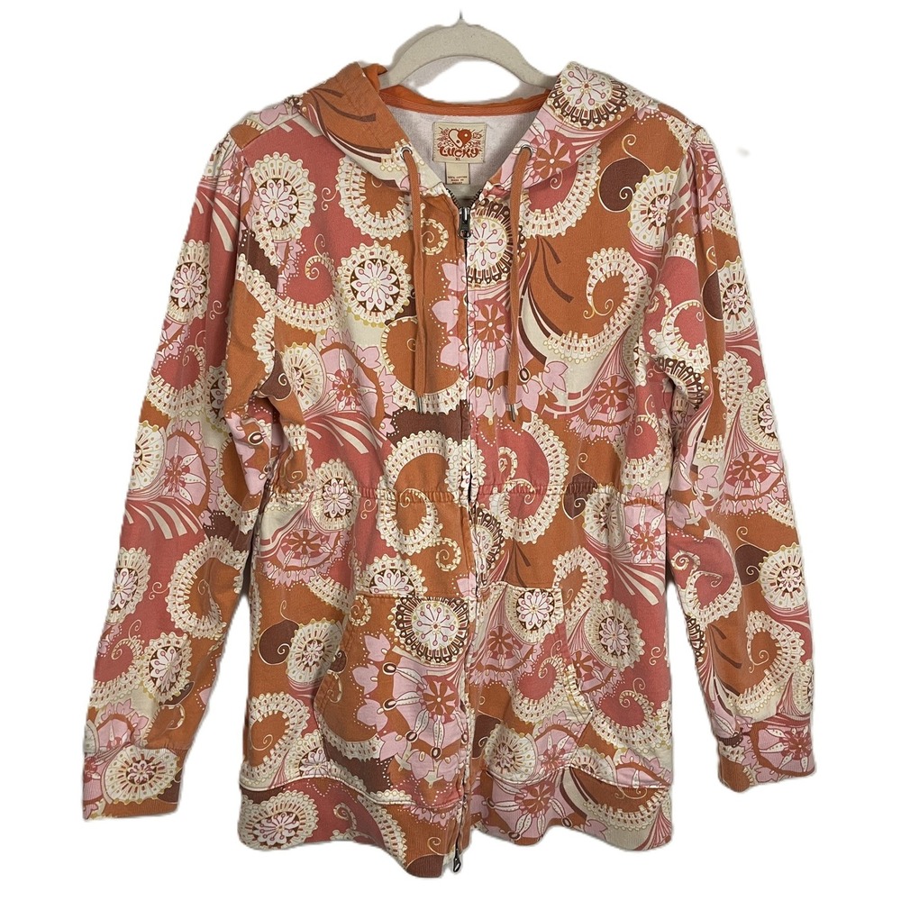 Lucky Brand XL Paisley Orange Pink Floral Zip Hoodie Boho Y2K Cotton Long Sleeve